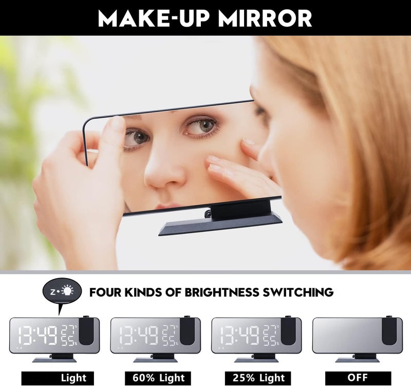 Mightree Projection Alarm Clock for Bedroom, Digital Alarm Clock with USB Charger, 7.4" Large LED Mirror Display Radio Alarm Clock, Dual Smart Alarm with Projection on Ceiling, Black - Image 4